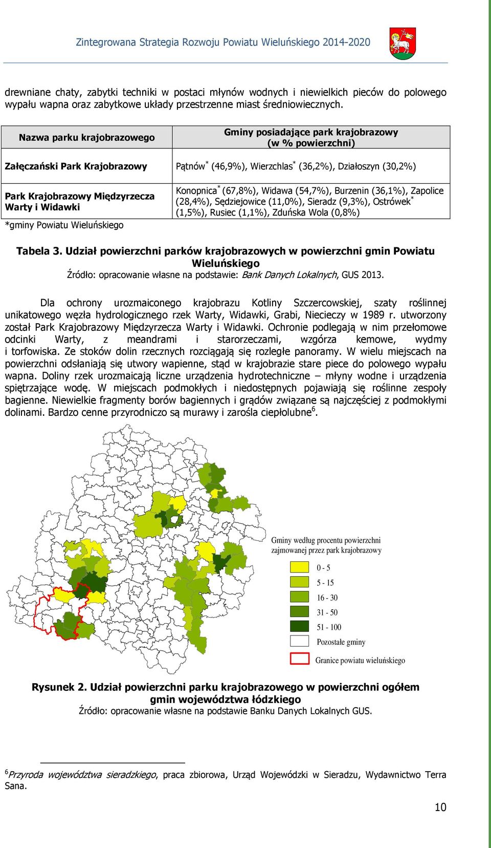 Międzyrzecza Warty i Widawki *gminy Powiatu Wieluńskiego Konopnica * (67,8%), Widawa (54,7%), Burzenin (36,1%), Zapolice (28,4%), Sędziejowice (11,0%), Sieradz (9,3%), Ostrówek * (1,5%), Rusiec