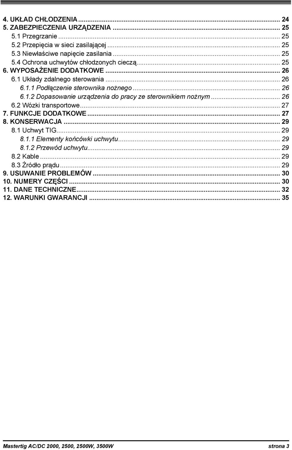 .. 27 7. FUNKCJE DODATKOWE... 27 8. KONSERWACJA... 29 8.1 Uchwyt TIG... 29 8.1.1 Elementy końcówki uchwytu... 29 8.1.2 Przewód uchwytu... 29 8.2 Kable... 29 8.3 Źródło prądu... 29 9.