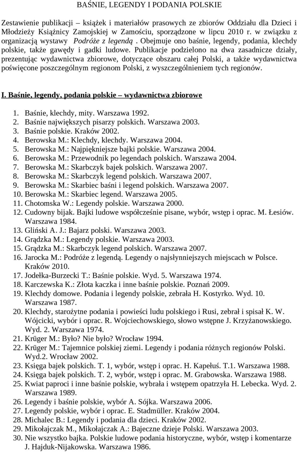 Publikacje podzielono na dwa zasadnicze działy, prezentując wydawnictwa zbiorowe, dotyczące obszaru całej Polski, a także wydawnictwa poświęcone poszczególnym regionom Polski, z wyszczególnieniem