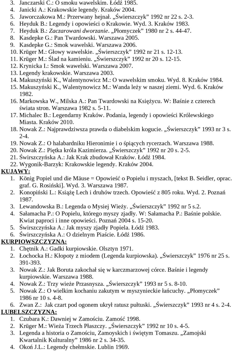 Warszawa 2006. 10. Krüger M.: Głowy wawelskie. Świerszczyk 1992 nr 21 s. 12-13. 11. Krüger M.: Ślad na kamieniu. Świerszczyk 1992 nr 20 s. 12-15. 12. Krynicka I.: Smok wawelski. Warszawa 2007. 13.