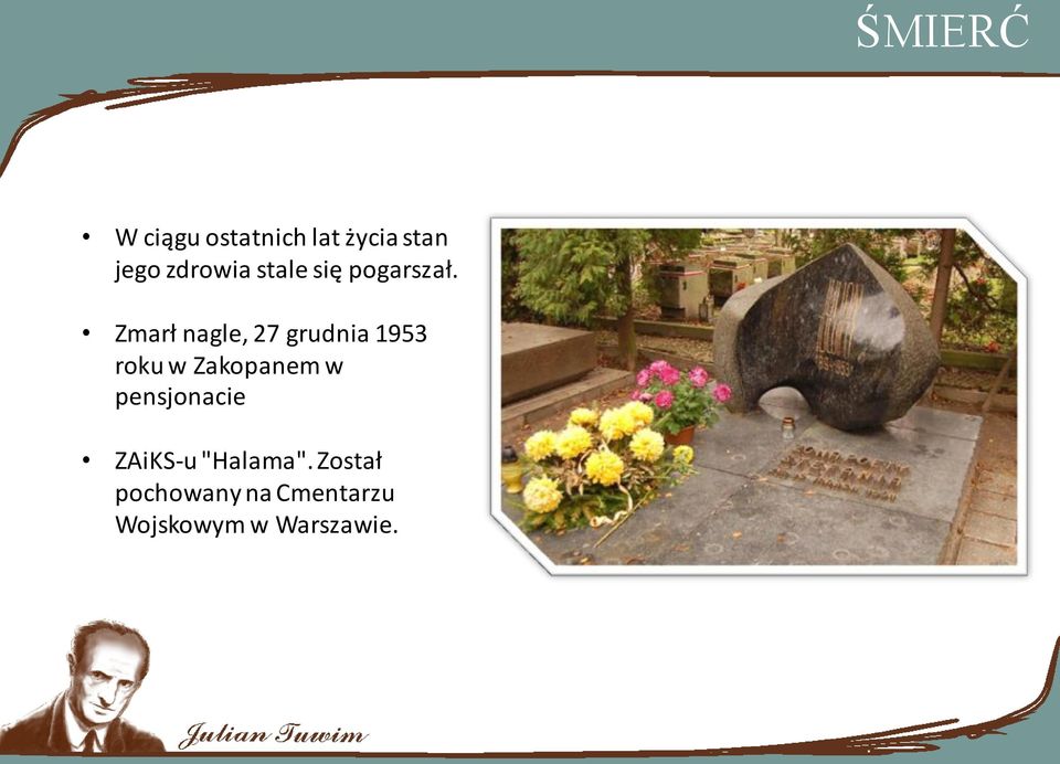 Zmarł nagle, 27 grudnia 1953 roku w Zakopanem w