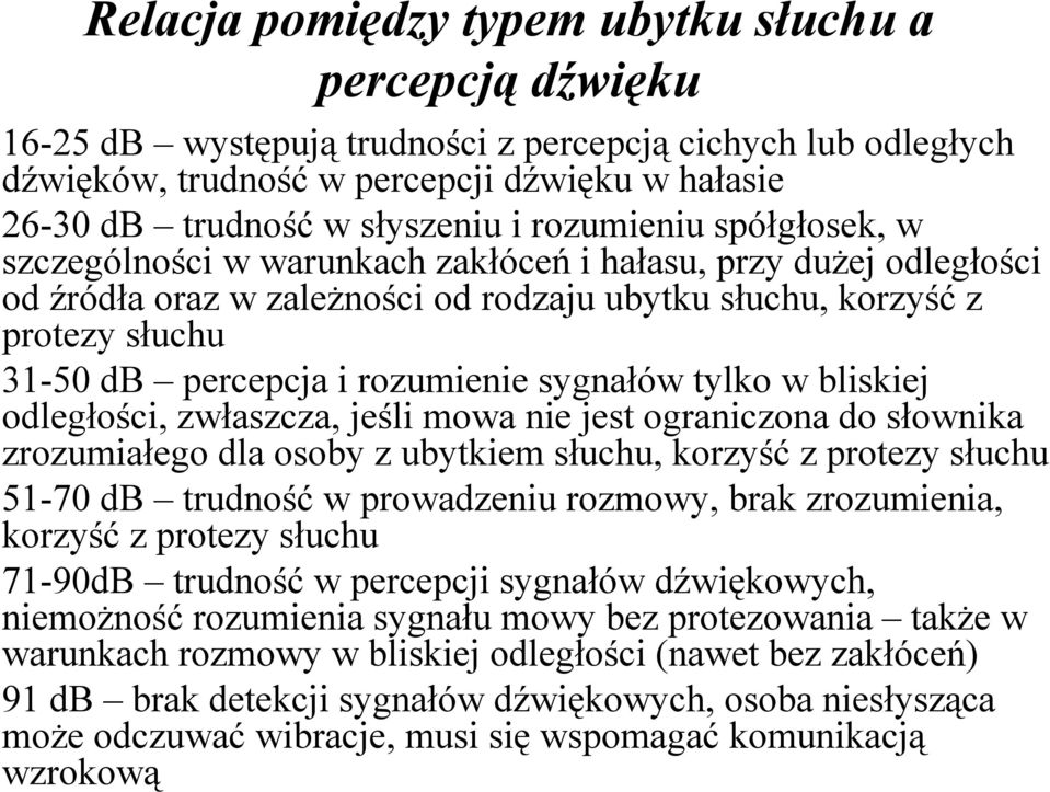 rozumienie sygnałów tylko w bliskiej odległości, zwłaszcza, jeśli mowa nie jest ograniczona do słownika zrozumiałego dla osoby z ubytkiem słuchu, korzyść z protezy słuchu 51-70 db trudność w