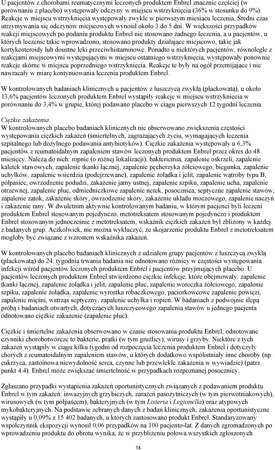 W większości przypadków reakcji miejscowych po podaniu produktu Enbrel nie stosowano żadnego leczenia, a u pacjentów, u których leczenie takie wprowadzono, stosowano produkty działające miejscowo,