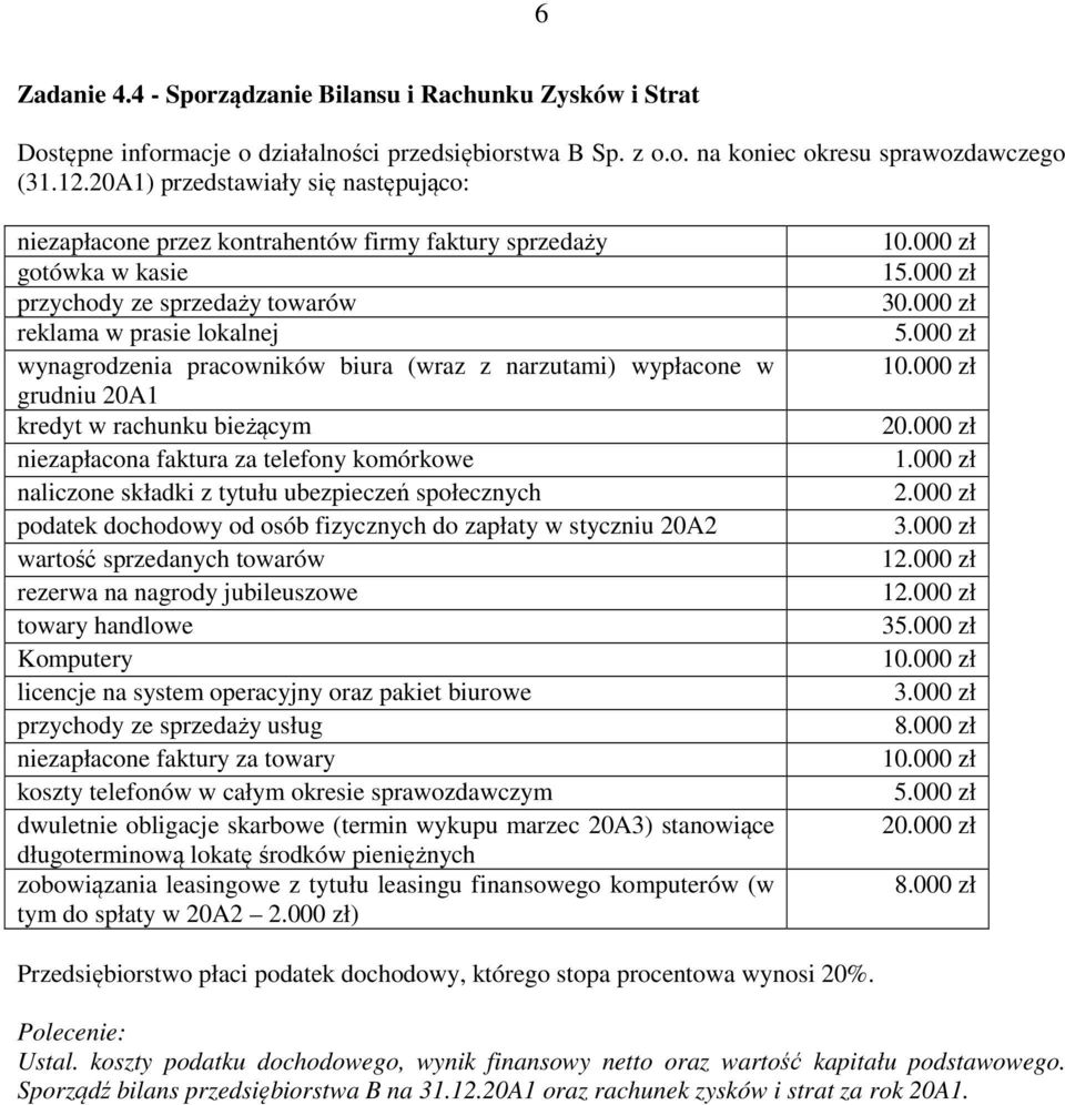 (wraz z narzutami) wypłacone w grudniu 20A1 kredyt w rachunku bieżącym niezapłacona faktura za telefony komórkowe naliczone składki z tytułu ubezpieczeń społecznych podatek dochodowy od osób