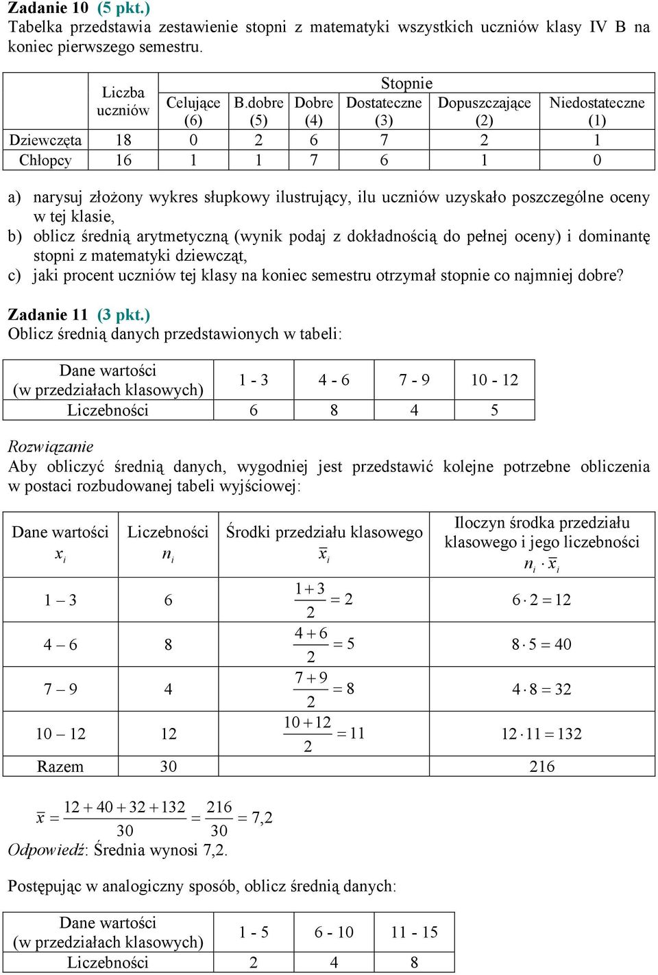 klasie, b) oblicz średnią arytmetyczną (wynik podaj z dokładnością do pełnej oceny) i dominantę stopni z matematyki dziewcząt, c) jaki procent uczniów tej klasy na koniec semestru otrzymał stopnie co