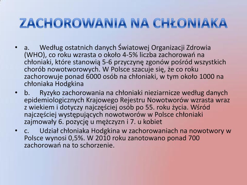 Ryzyko zachorowania na chłoniaki nieziarnicze według danych epidemiologicznych Krajowego Rejestru Nowotworów wzrasta wraz z wiekiem i dotyczy najczęściej osób po 55. roku życia.