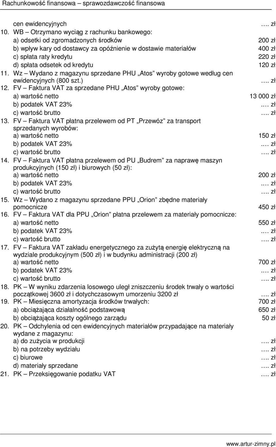 odsetek od kredytu 120 zł 11. Wz Wydano z magazynu sprzedane PHU Atos wyroby gotowe według cen ewidencyjnych (800 szt.). zł 12.