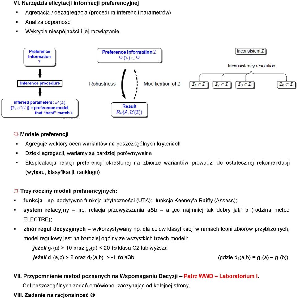 rekomendacji (wyboru, klasyfikacji, rankingu) Trzy rodziny modeli preferencyjnych: funkcja - np. addytywna funkcja użyteczności (UTA); funkcja Keeney a Raiffy (Assess); system relacyjny np.