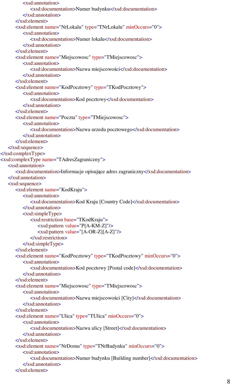 name="poczta" type="tmiejscowosc"> <xsd:documentation>nazwa urzedu pocztowego</xsd:documentation> </xsd:sequence> </xsd:complextype> <xsd:complextype name="tadreszagraniczny">