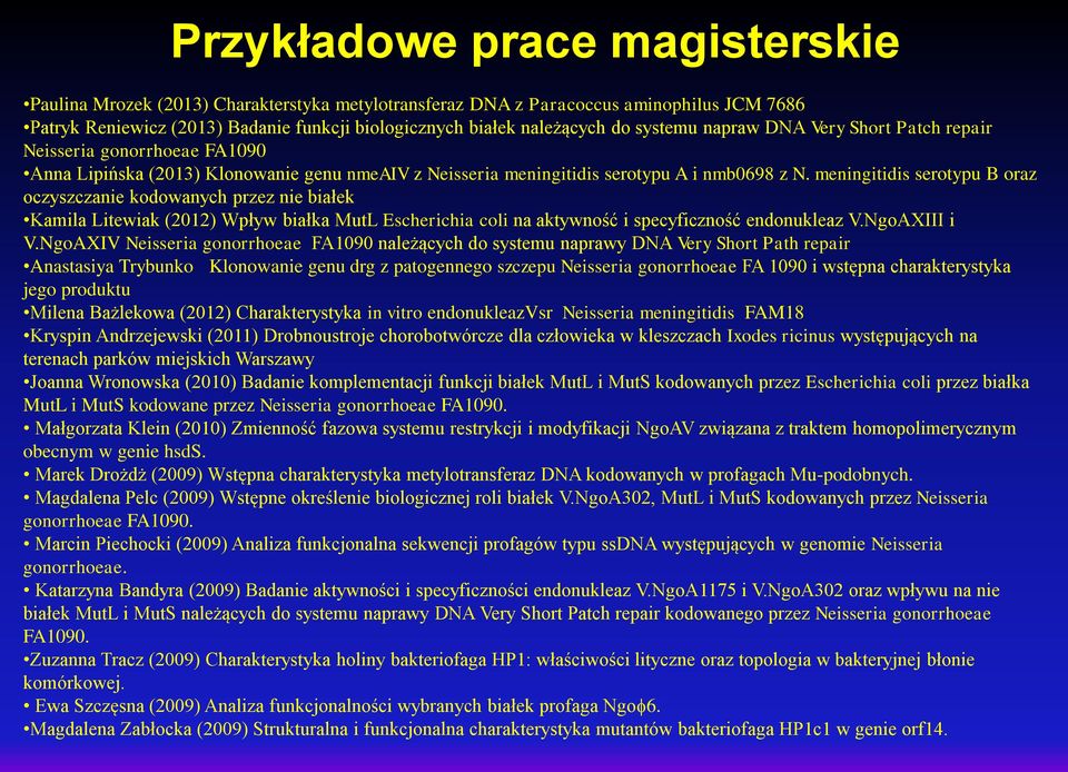 meningitidis serotypu B oraz oczyszczanie kodowanych przez nie białek Kamila Litewiak (2012) Wpływ białka MutL Escherichia coli na aktywność i specyficzność endonukleaz V.NgoAXIII i V.