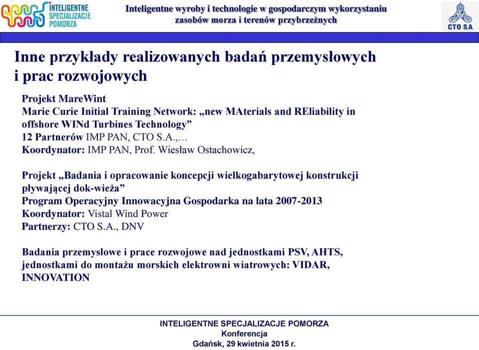 Wiesław Ostachowicz, Projekt Badania i opracowanie koncepcji wielkogabarytowej konstrukcji pływającej dok-wieża Program Operacyjny Innowacyjna Gospodarka