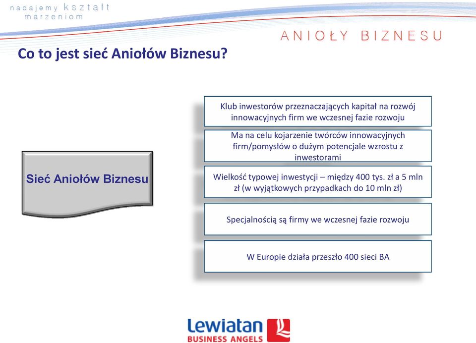 kojarzenie twórców innowacyjnych firm/pomysłów o dużym potencjale wzrostu z inwestorami Sieć Aniołów Biznesu