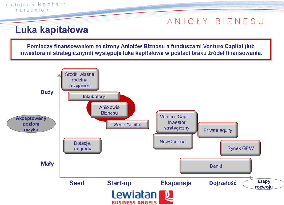 Duży Środki własne, rodzina, przyjaciele Inkubatory Akceptowany poziom ryzyka Luka Aniołowie kapitałowa Biznesu Seed