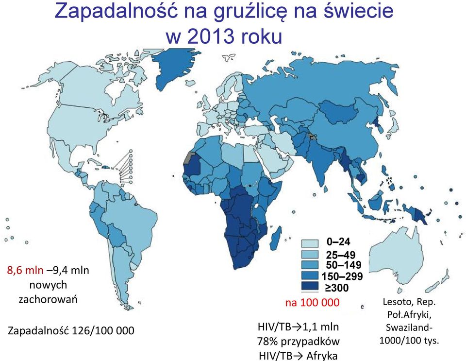 149 150 299 300 na 100 000 HIV/TB 1,1 mln 78% przypadków