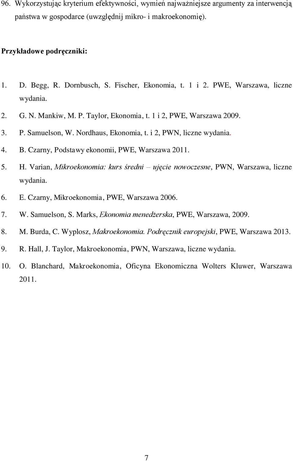 4. B. Czarny, Podstawy ekonomii, PWE, Warszawa 2011. 5. H. Varian, Mikroekonomia: kurs średni ujęcie nowoczesne, PWN, Warszawa, liczne wydania. 6. E. Czarny, Mikroekonomia, PWE, Warszawa 2006. 7. W. Samuelson, S.