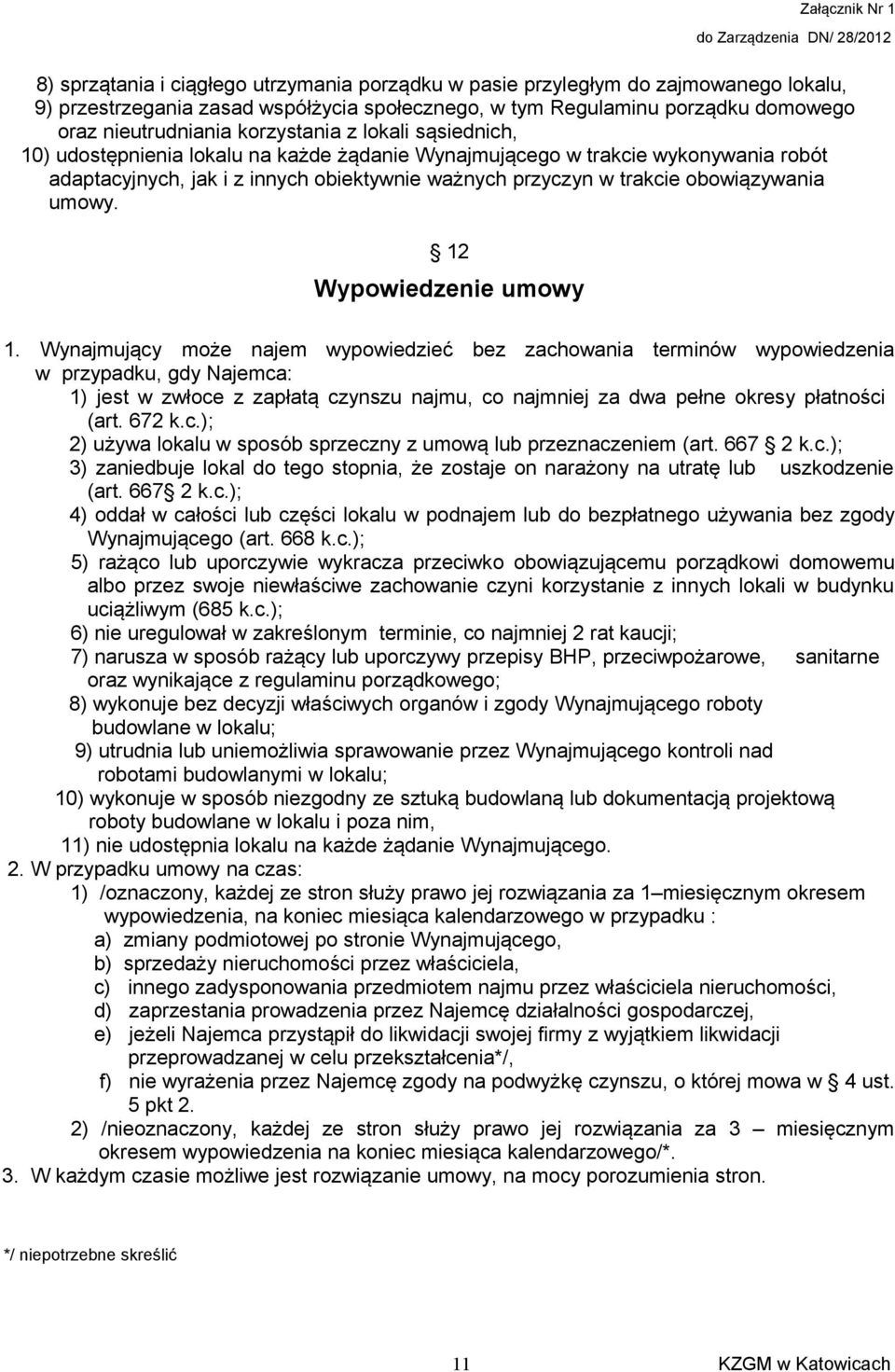 umowy. 12 Wypowiedzenie umowy 1.