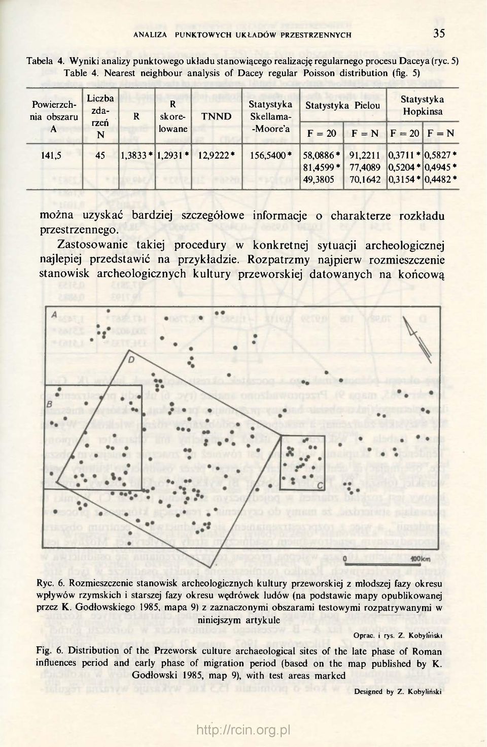 5) Powierzchnia obszaru A R TNND Liczba zdarzeń N R skorelowane Statystyka Skellama- -Moore'a Statystyka Pielou F = 20 Statystyka Hopkinsa F = N F = 20 F = N 141,5 45 1,3833 * 1,2931 * 12,9222 *