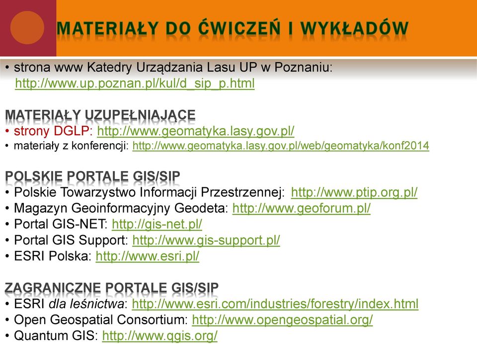 pl/ Magazyn Geoinformacyjny Geodeta: http://www.geoforum.pl/ Portal GIS-NET: http://gis-net.pl/ Portal GIS Support: http://www.gis-support.pl/ ESRI Polska: http://www.esri.