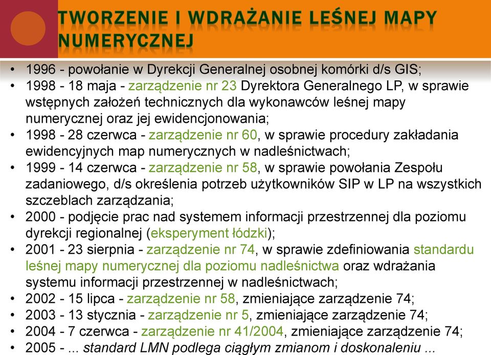 sprawie powołania Zespołu zadaniowego, d/s określenia potrzeb użytkowników SIP w LP na wszystkich szczeblach zarządzania; 2000 - podjęcie prac nad systemem informacji przestrzennej dla poziomu