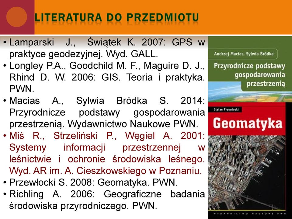 Miś R., Strzeliński P., Węgiel A. 2001: Systemy informacji przestrzennej w leśnictwie i ochronie środowiska leśnego. Wyd. AR im. A. Cieszkowskiego w Poznaniu.