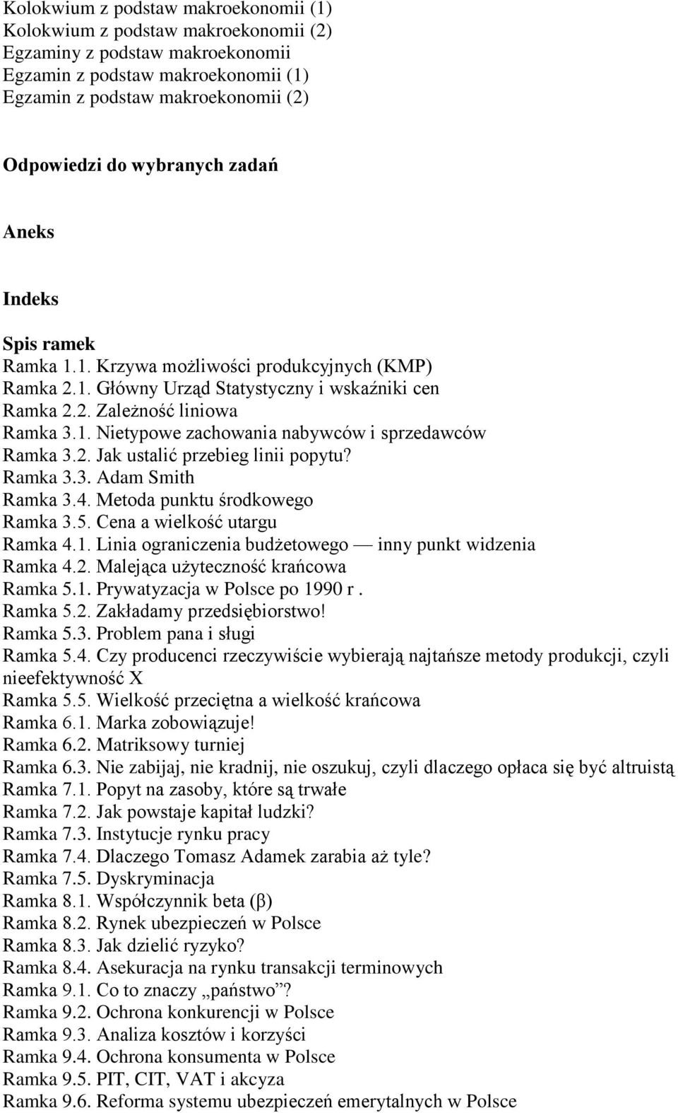 2. Jak ustalić przebieg linii popytu? Ramka 3.3. Adam Smith Ramka 3.4. Metoda punktu środkowego Ramka 3.5. Cena a wielkość utargu Ramka 4.1. Linia ograniczenia budżetowego inny punkt widzenia Ramka 4.