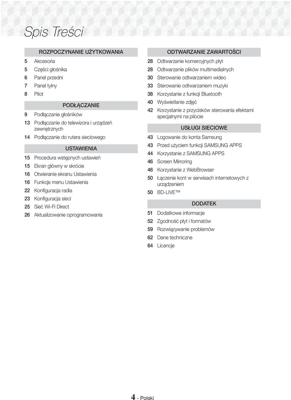 sieci 25 Sieć Wi-Fi Direct 26 Aktualizowanie oprogramowania ODTWARZANIE ZAWARTOŚCI 28 Odtwarzanie komercyjnych płyt 28 Odtwarzanie plików multimedialnych 30 Sterowanie odtwarzaniem wideo 33