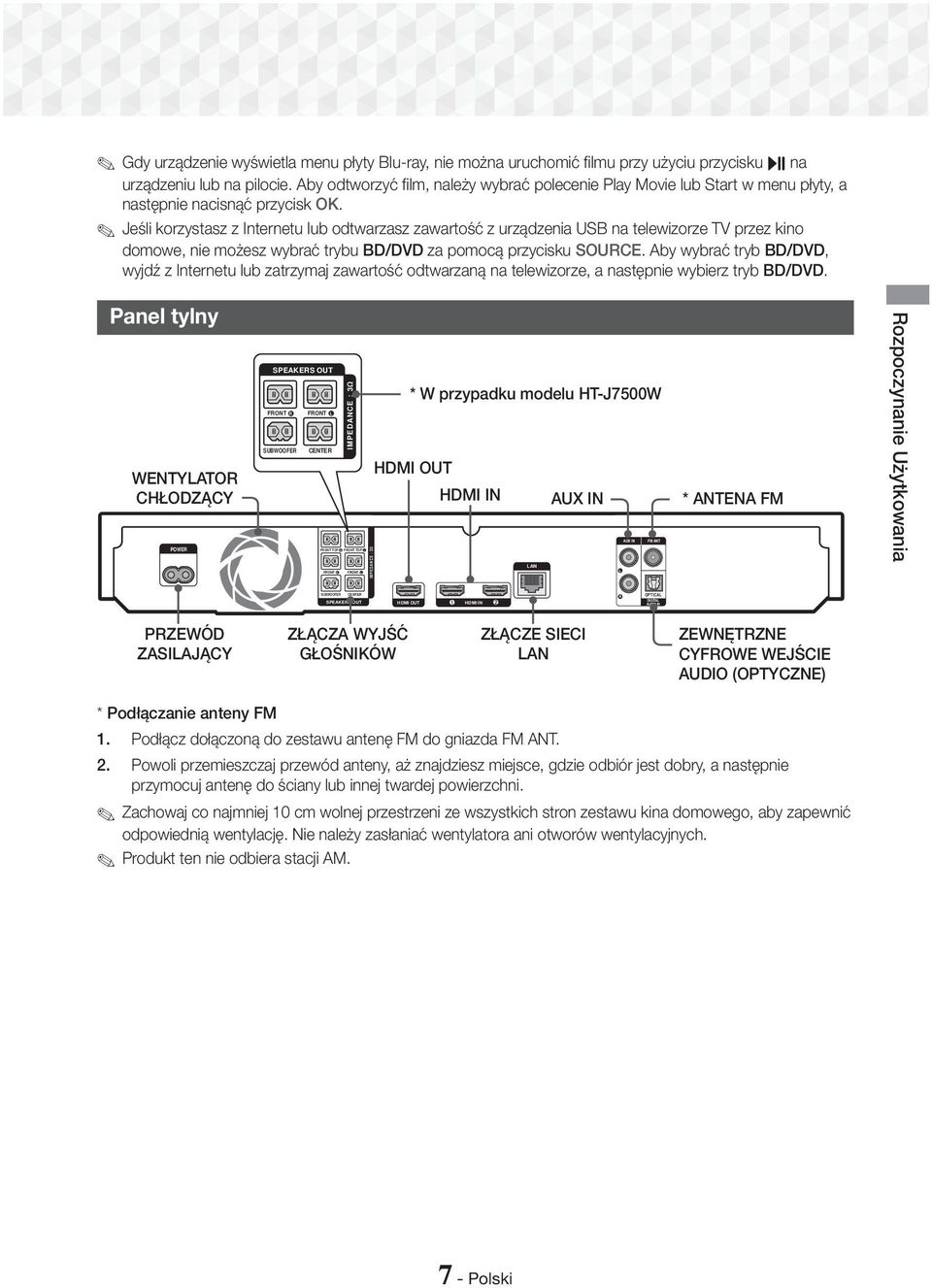 Jeśli korzystasz z Internetu lub odtwarzasz zawartość z urządzenia USB na telewizorze TV przez kino domowe, nie możesz wybrać trybu BD/DVD za pomocą przycisku SOURCE.