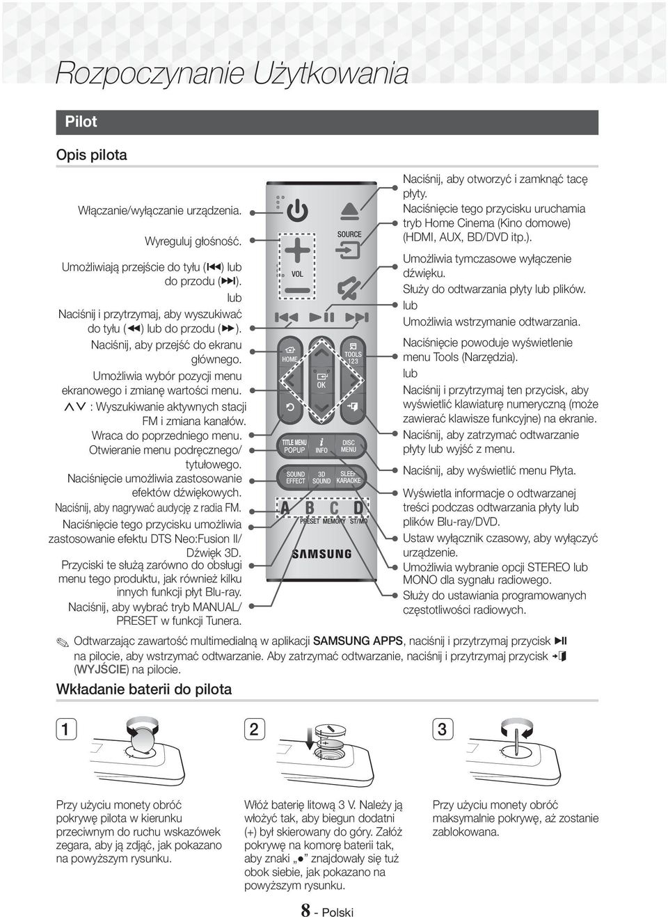 Wraca do poprzedniego menu. Otwieranie menu podręcznego/ tytułowego. Naciśnięcie umożliwia zastosowanie efektów dźwiękowych. Naciśnij, aby nagrywać audycję z radia FM.