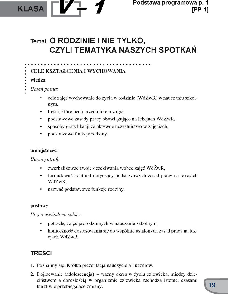 treści, które będą przedmiotem zajęć, podstawowe zasady pracy obowiązujące na lekcjach WdŻwR, sposoby gratyfikacji za aktywne uczestnictwo w zajęciach, podstawowe funkcje rodziny.