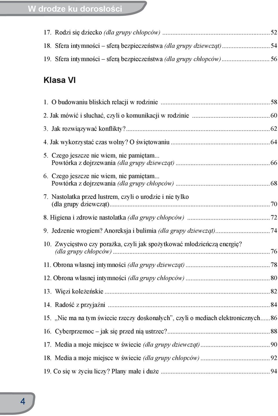 Jak rozwiązywać konflikty?...62 4. Jak wykorzystać czas wolny? O świętowaniu...64 5. Czego jeszcze nie wiem, nie pamiętam... Powtórka z dojrzewania (dla grupy dziewcząt)...66 6.