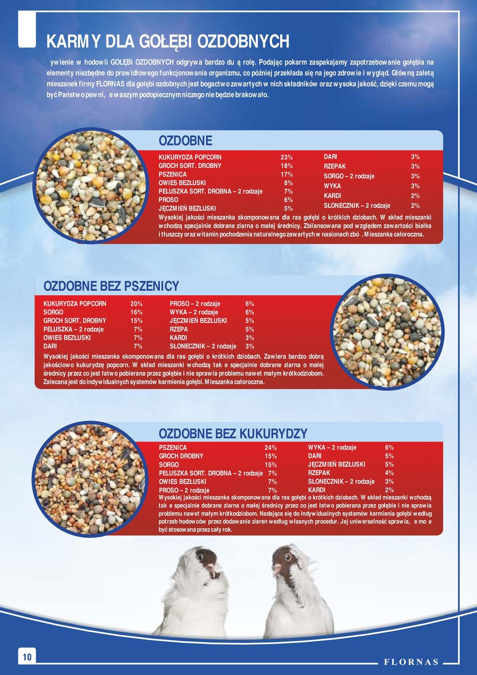 Główną zaletą mieszanek firmy FLORNAS dla gołębi ozdobnych jest bogactwo zawartych w nich składników oraz wysoka jakość, dzięki czemu mogą być Państwo pewni, że waszym podopiecznym niczego nie będzie