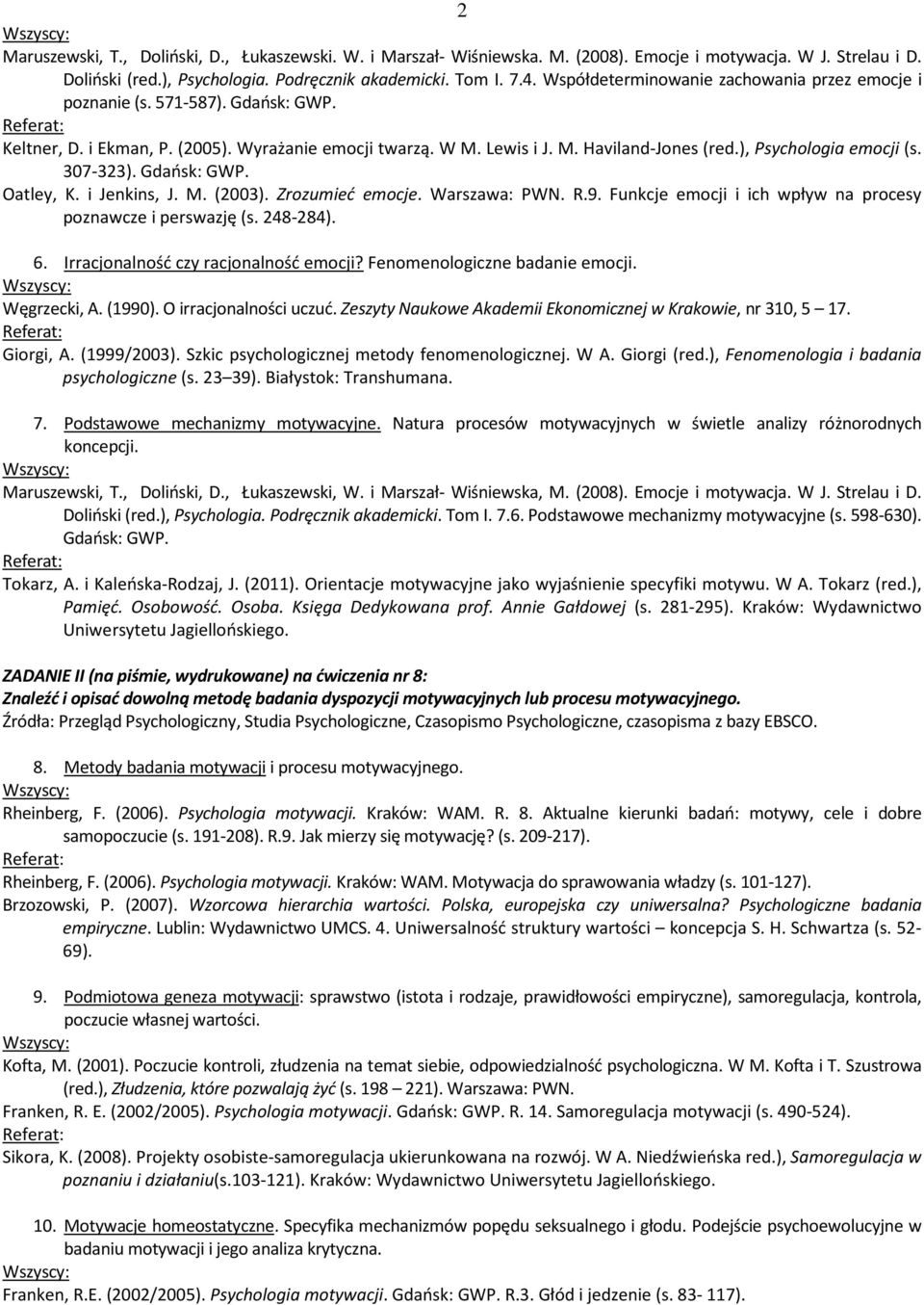 ), Psychologia emocji (s. 307-323). Gdańsk: GWP. Oatley, K. i Jenkins, J. M. (2003). Zrozumieć emocje. Warszawa: PWN. R.9. Funkcje emocji i ich wpływ na procesy poznawcze i perswazję (s. 248-284). 6.