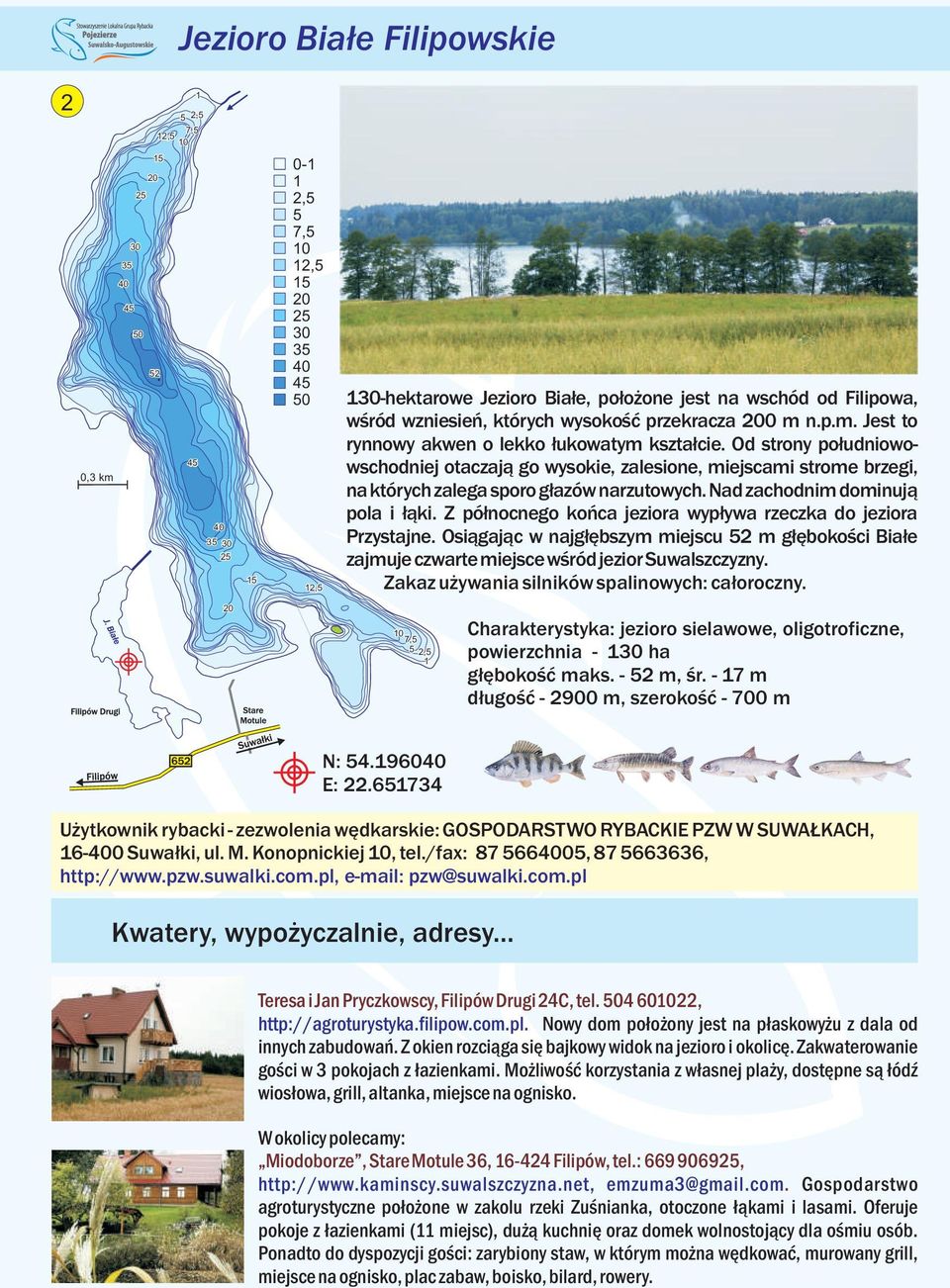 Z północnego końca jeziora wypływa rzeczka do jeziora Przystajne. Osiągając w najgłębszym miejscu 2 m głębokości Białe zajmuje czwarte miejsce wśród jezior Suwalszczyzny.