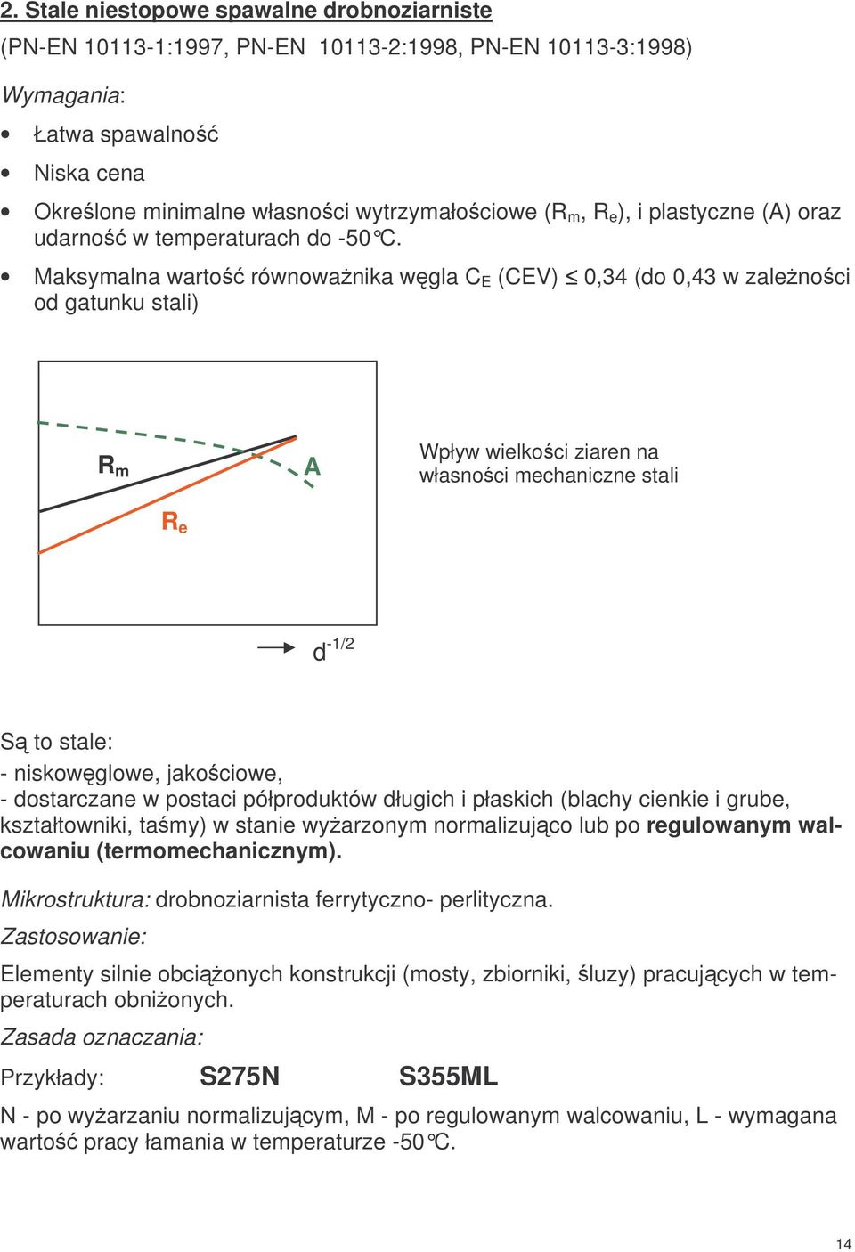 Maksymalna warto równowanika wgla C E (CEV) 0,34 (do 0,43 w zalenoci od gatunku stali) R m A Wpływ wielkoci ziaren na własnoci mechaniczne stali R e d -1/2 S to stale: - niskowglowe, jakociowe, -