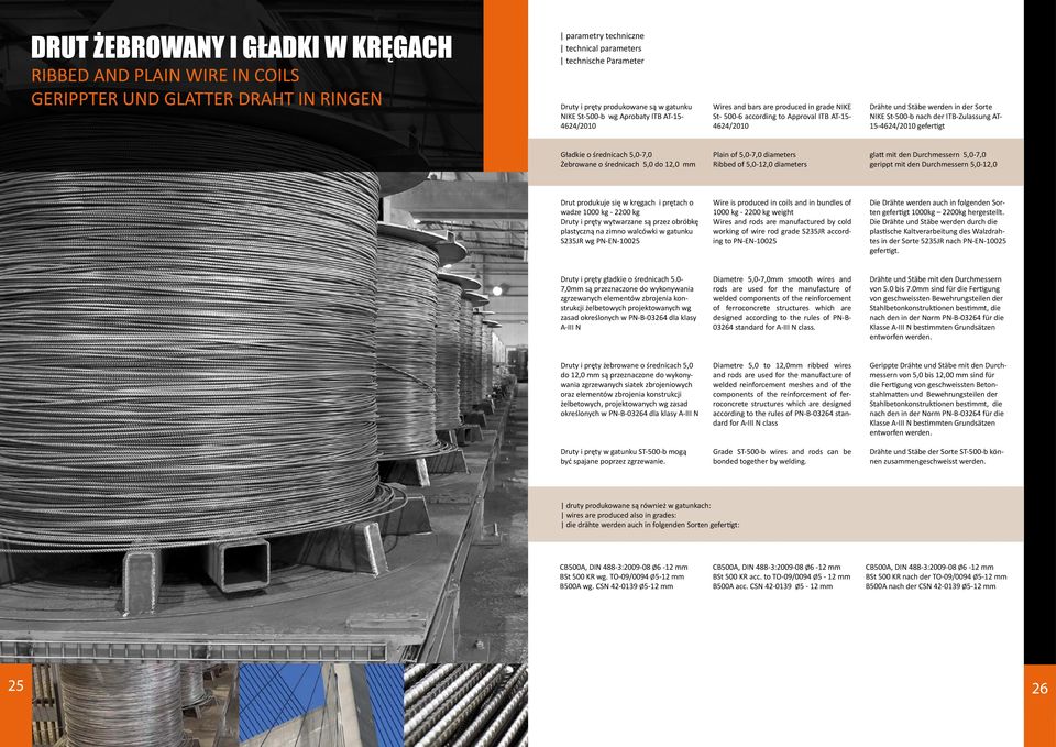 do 12,0 mm Plain of 5,0-7,0 diameters Ribbed of 5,0-12,0 diameters glatt mit den Durchmessern 5,0-7,0 gerippt mit den Durchmessern 5,0-12,0 Drut produkuje się w kręgach i prętach o wadze 1000 kg -