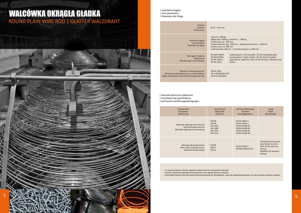 800 mm Wymagania i badania Certifications Anforderungen und Prüfungen PN-84/H-93000 PN-85/H-93001 PN-EN 10016-1 PN-EN 10021 zwykłej jakości normal quality für die Standardqualität wyższej jakości