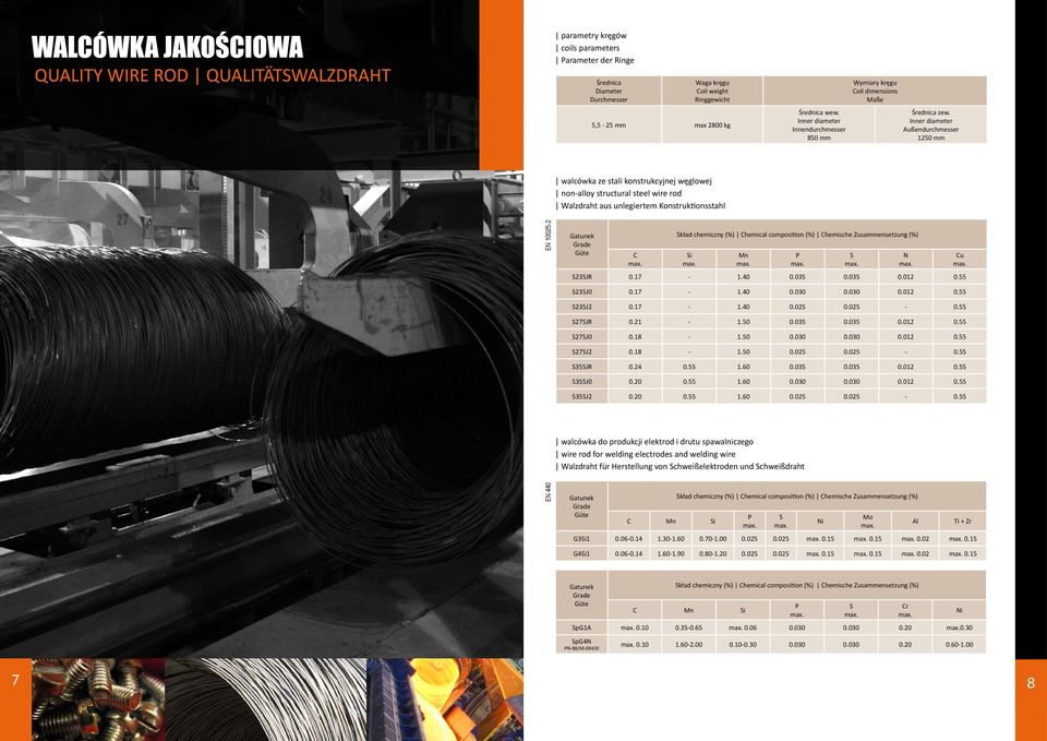 Inner diameter Außendurchmesser 1250 mm walcówka ze stali konstrukcyjnej węglowej non-alloy structural steel wire rod Walzdraht aus unlegiertem Konstruktionsstahl EN 10025-2 Gatunek Grade Güte C