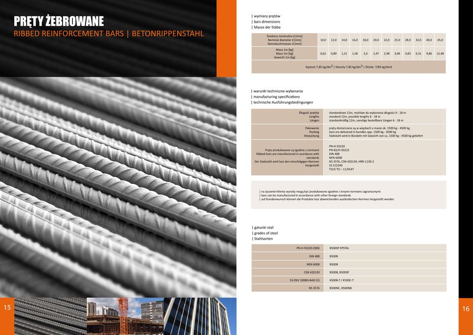 specifications technische Ausführungsbedingungen Długość prętów Lengths Längen Pakowanie Packing Verpackung standardowo 12m, możliwe do wykonania długości 6-18 m standard 12m, possible lengths 6-18 m