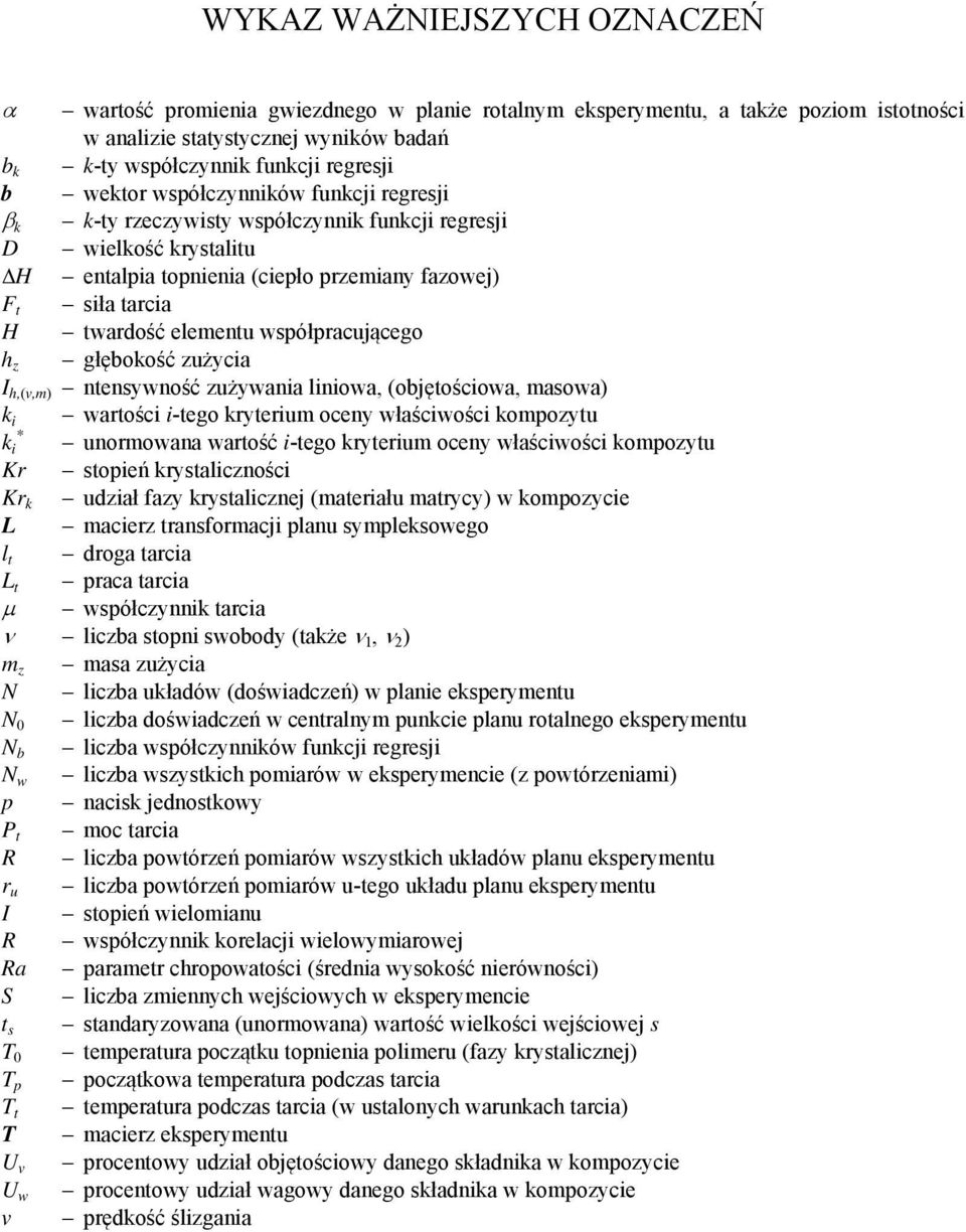 współpracującego h z głębokość zużycia I h,(v,m) ntensywność zużywania liniowa, (objętościowa, masowa) k i wartości i-tego kryterium oceny właściwości kompozytu * k i unormowana wartość i-tego