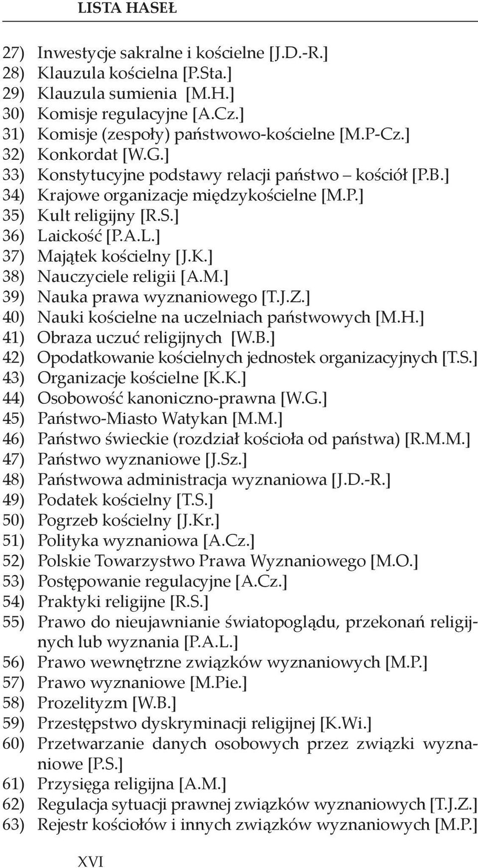 K.] 38) Nauczyciele religii [A.M.] 39) Nauka prawa wyznaniowego [T.J.Z.] 40) Nauki kościelne na uczelniach państwowych [M.H.] 41) Obraza uczuć religijnych [W.B.