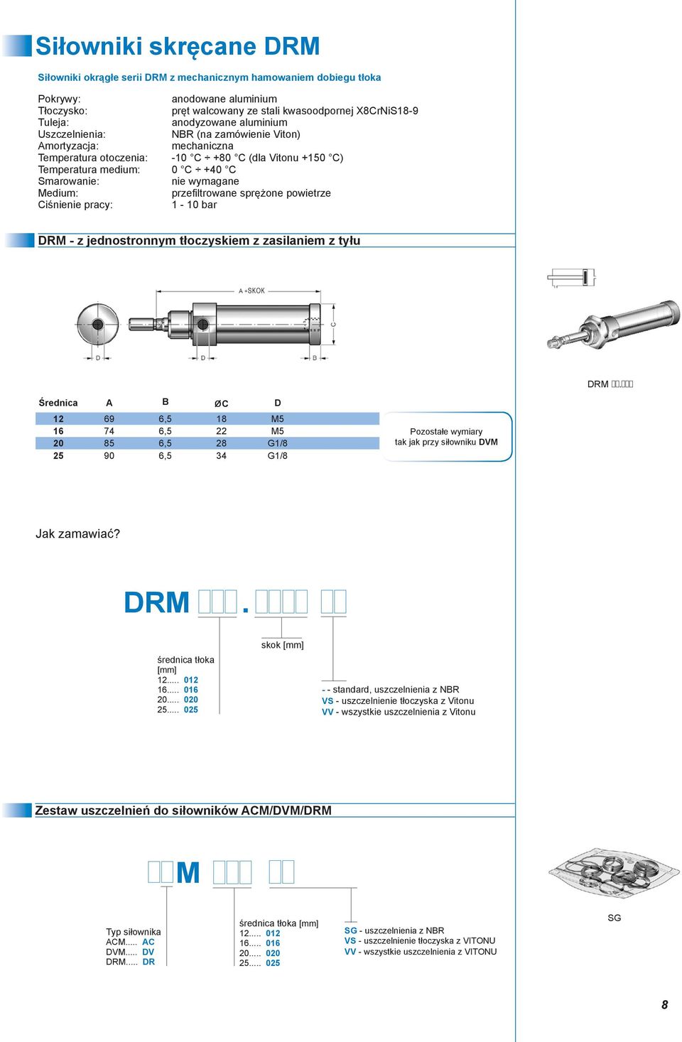 Medium: przefiltrowane sprężone powietrze Ciśnienie pracy: 1-10 bar DRM - z jednostronnym tłoczyskiem z zasilaniem z tyłu DRM.