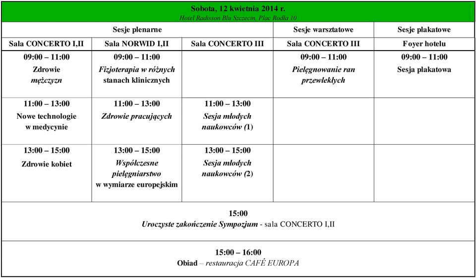 hotelu 09:00 11:00 09:00 11:00 09:00 11:00 09:00 11:00 Zdrowie mężczyzn Fizjoterapia w różnych stanach klinicznych Pielęgnowanie ran przewlekłych Sesja plakatowa 11:00 13:00