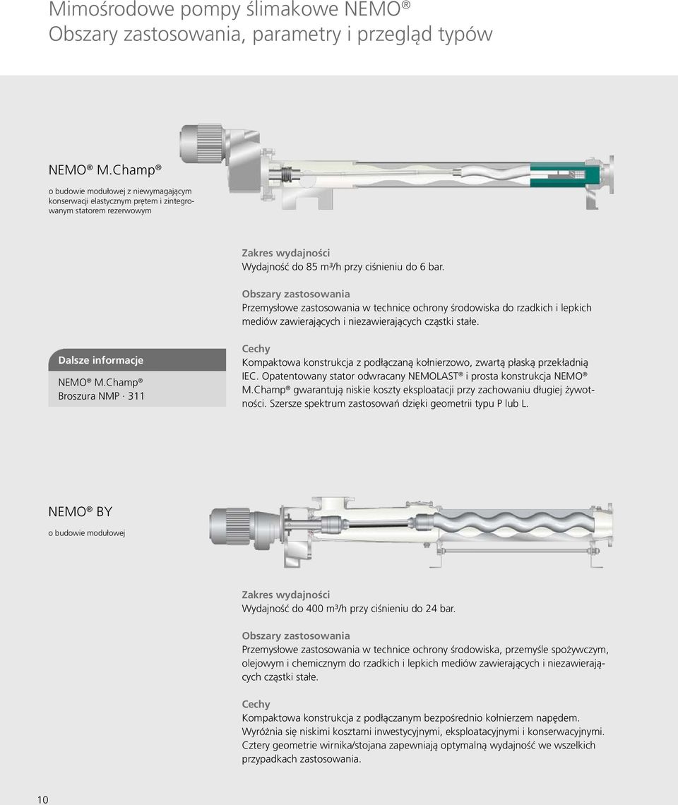 Obszary zastosowania Przemysłowe zastosowania w technice ochrony środowiska do rzadkich i lepkich mediów zawierających i niezawierających cząstki stałe. Dalsze informacje NEMO M.