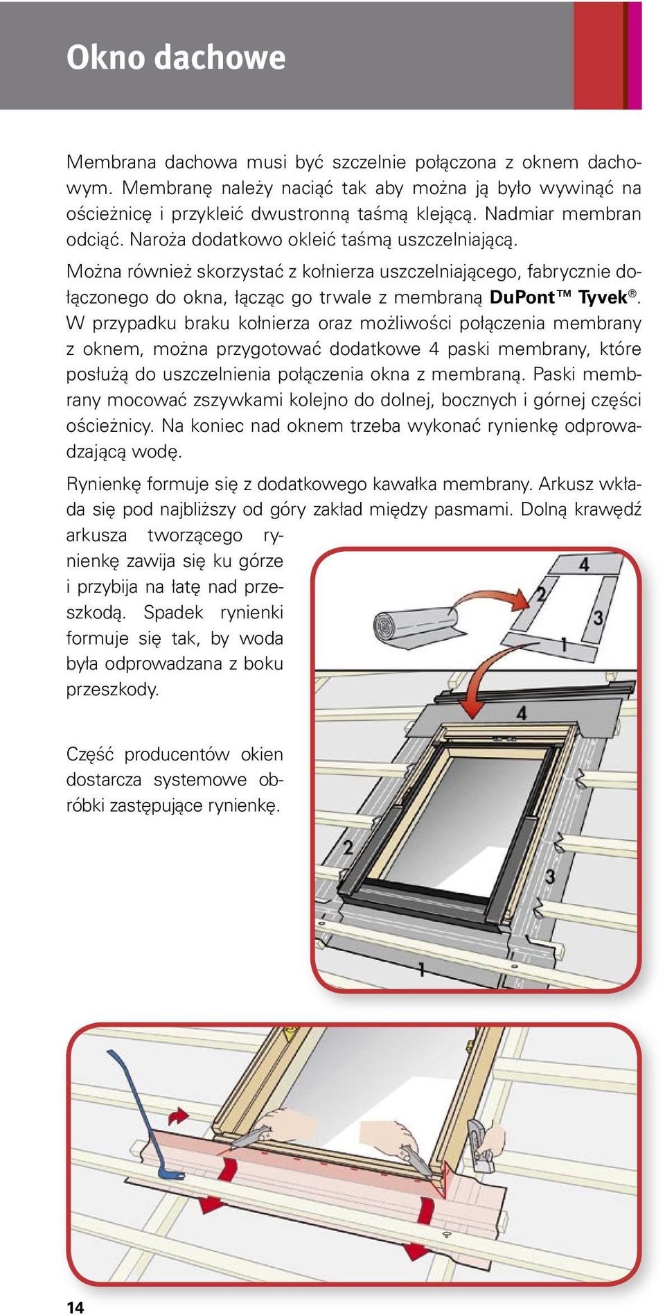 W przypadku braku kołnierza oraz możliwości połączenia membrany z oknem, można przygotować dodatkowe 4 paski membrany, które posłużą do uszczelnienia połączenia okna z membraną.