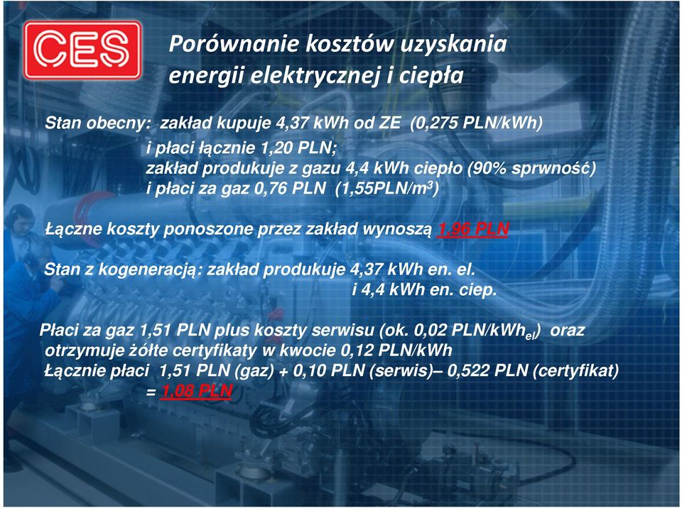 1,96 PLN Stan z kogeneracją: zakład produkuje 4,37 kwh en. el. i 4,4 kwh en. ciep. Płaci za gaz 1,51 PLN plus koszty serwisu (ok.