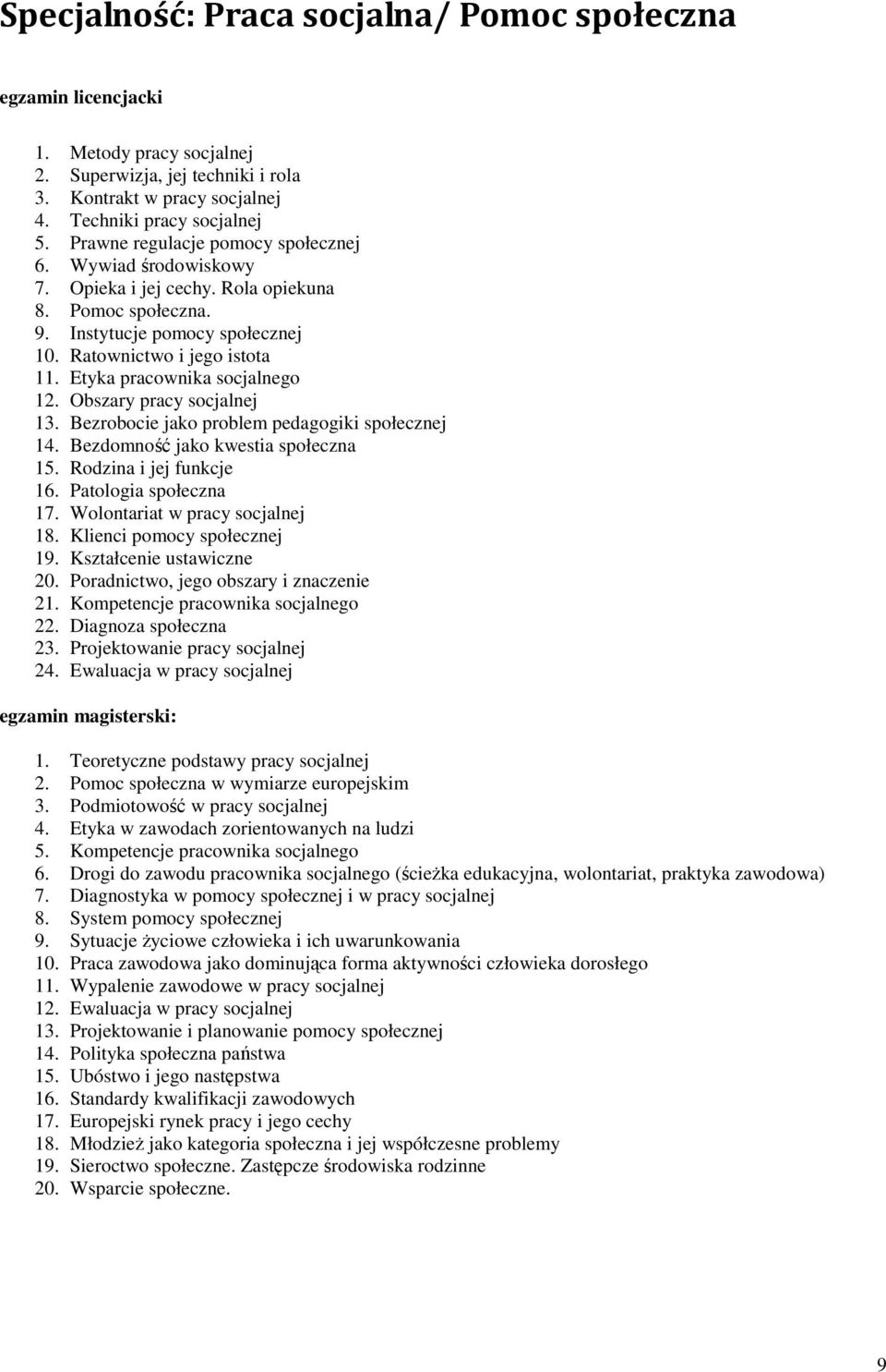 Etyka pracownika socjalnego 12. Obszary pracy socjalnej 13. Bezrobocie jako problem pedagogiki społecznej 14. Bezdomność jako kwestia społeczna 15. Rodzina i jej funkcje 16. Patologia społeczna 17.