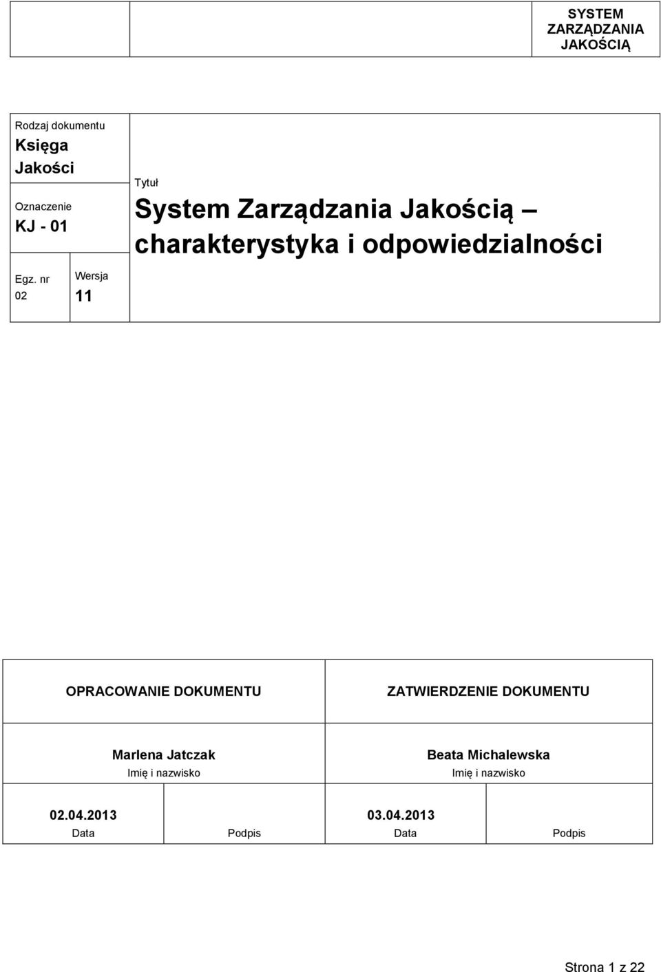 ZATWIERDZENIE DOKUMENTU Marlena Jatczak Imię i nazwisko Beata