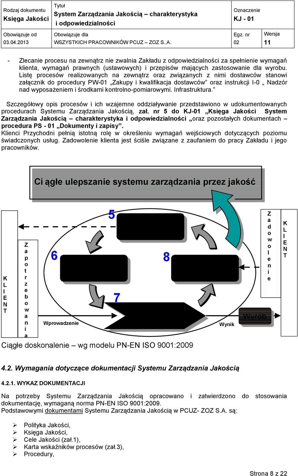 kontrolno-pomiarowymi. Infrastruktura. Szczegółowy opis procesów i ich wzajemne oddziaływanie przedstawiono w udokumentowanych procedurach Systemu Zarządzania Jakością, zał.