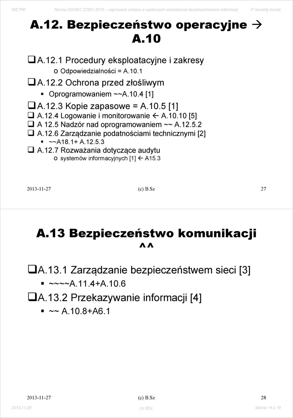 1+ A.12.5.3 A.12.7 Rozważania dotyczące audytu o systemów informacyjnych [1] A15.3 (c) B.Sz 27 A.13 Bezpieczeństwo komunikacji ^^ A.13.1 Zarządzanie bezpieczeństwem sieci [3] ~~~~A.