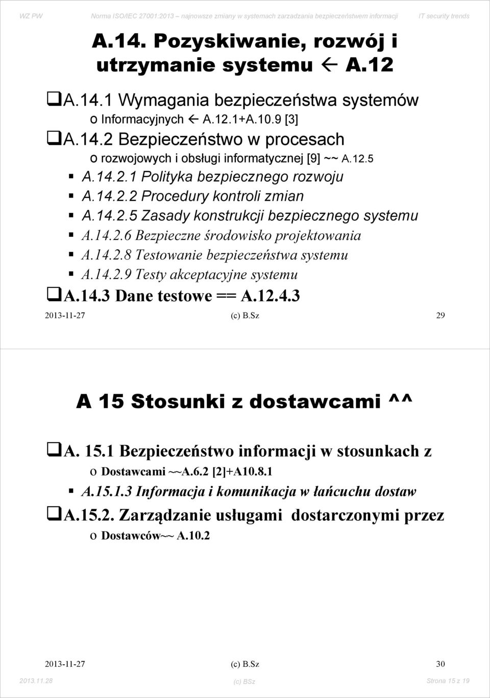 14.2.9 Testy akceptacyjne systemu A.14.3 Dane testowe == A.12.4.3 (c) B.Sz 29 A 15 Stosunki z dostawcami ^^ A. 15.1 Bezpieczeństwo informacji w stosunkach z o Dostawcami ~~A.6.2 [2]+A10.8.1 A.15.1.3 Informacja i komunikacja w łańcuchu dostaw A.